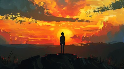 Wall Mural - Lonely girl standing on a cliff watching the sunset. The sky is a bright orange and the water is a deep blue.