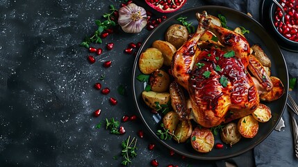 Wall Mural - Tempt your taste buds with a real photo capturing the irresistible allure of a perfectly roasted chicken paired with crispy potatoes and drizzled with a flavorful pomegranate sauce