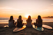 © AspctStyle - Four Friends Seated on Surfboards Watching the Sunset, Embracing Peace and Camaraderie at the Beach