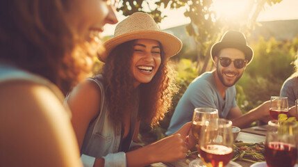 Friends Toasting at Sunny Garden Party, Enjoying Refreshments and Laughter, Festive Outdoor Dining