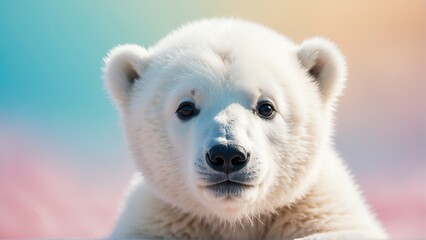 cute baby polar bear on bright pastel color background from Generative AI