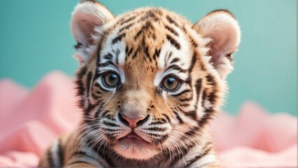 Wall Mural - cute baby tiger on bright pastel color background from Generative AI