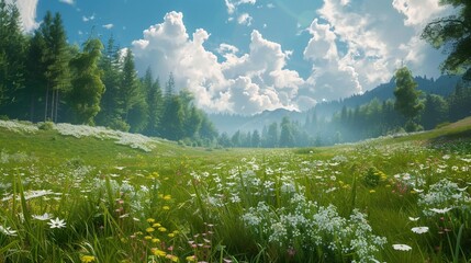 Wall Mural - A breathtaking view of a meadow in the forest with flowering Corydalis cava on a sunny day.