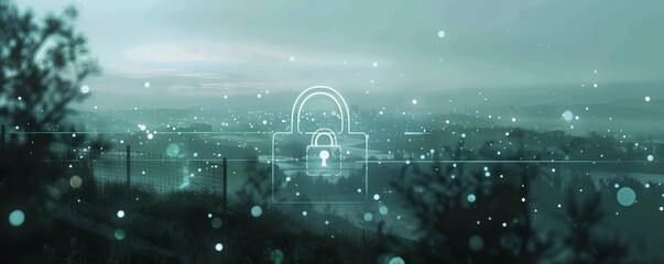 Wall Mural - Futuristic digital lock over landscape; concept of cybersecurity and data protection. Misty background symbolizes technology and security.