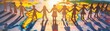 © Rattanathip - Silhouettes of people holding hands across a world map, symbolizing unity, global cooperation, and community support in vibrant sunlight.