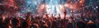© Thanaseth - Exquisite detail of festivalgoers cheering, hands in the air, euphoric energy, vibrant crowd, clear visuals, Midjourney AI