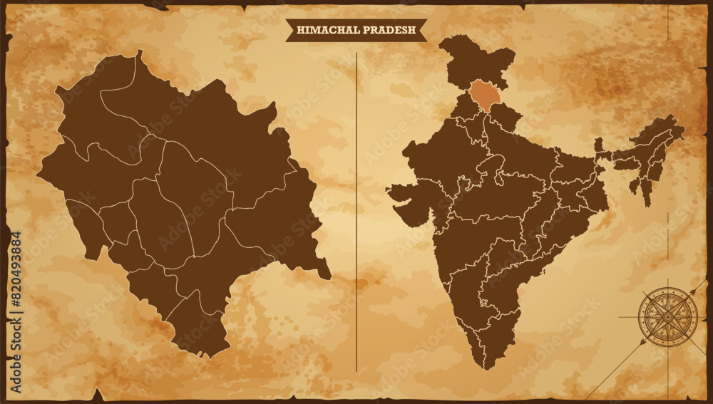 Hp Map Himachal Pradesh state map, India map with federal states in A vintage ...