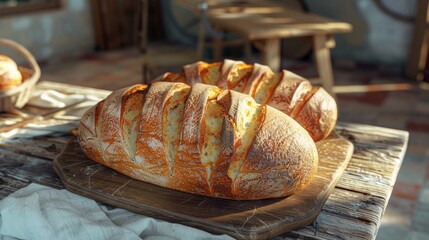 Two loaves of freshly baked bread sit on a wooden table in a rustic, sunlit setting, capturing the essence of home baking and artisanal craftsmanship