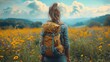 © VISUAL BACKGROUND - A woman with a backpack in a field of flowers.