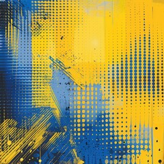 Wall Mural - The juxtaposition of yellow and blue halftone forms a mesmerizing backdrop for a prominent yellow banner, creating a modern visual spectacle.