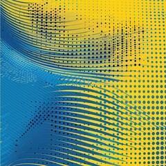 Wall Mural - The fusion of yellow and blue halftone textures creates a captivating setting for a bold yellow banner, capturing the essence of artistic expression.