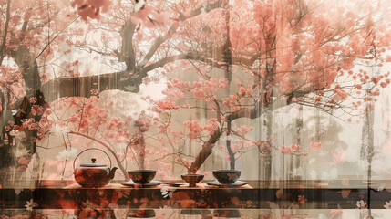 A teapot and four cups are on a table in front of a tree with pink blossoms