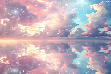 Sticker - A beautiful sky with pink and blue clouds and stars