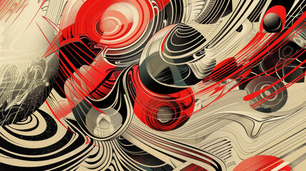 Wall Mural - A colorful abstract painting with red, black, and white swirls and circles