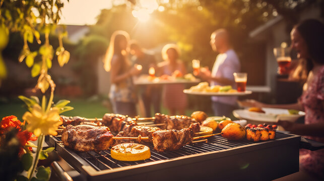 Sunset Barbecue Party in Backyard, Friends Enjoying Grilled Food and Drinks, Warm Evening Gathering