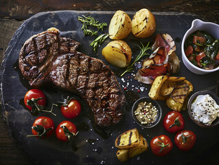 Wall Mural - a delicious looking steak with an assortment of sides