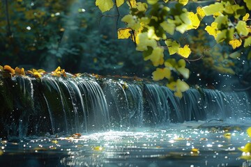 Wall Mural - Sunlight filtering through the foliage near a picturesque dam, creating a stunning interplay of light and shadow on the water's surface.