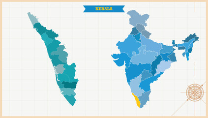 Wall Mural - A Map highlighting Kerala in the India Map, Kerala and India modern map with Colorful Hi detailed Vector, geographical borders