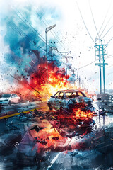 Wall Mural - Devastating Highway Crash Sparks Intense Emergency Response in Chaotic Urban Landscape