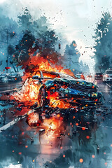 Wall Mural - Dramatic Watercolor Depiction of Fiery Car Collision and Emergency Response Amidst Gridlocked Traffic