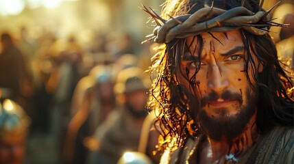 front wide view of Jesus Christ with crown of thorns, Jesus Christ with blood running down his forehead, a warm sun illuminates his face, background of people watching Jesus Christ