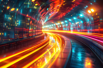 Canvas Print - Glowing Light Trails in Futuristic Metropolital Environment with Dramatic Architecture and Lighting