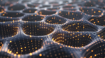 Wall Mural - A close up of a black and orange patterned surface. The pattern is made up of small circles and dots. The image has a futuristic and abstract feel to it