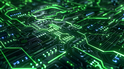Wall Mural - A green electronic circuit board with many small green squares. The board is very detailed and has a futuristic look to it