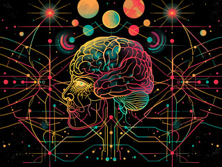 Wall Mural - A colorful drawing of a brain with a face and a background of stars. The drawing is abstract and has a futuristic feel to it
