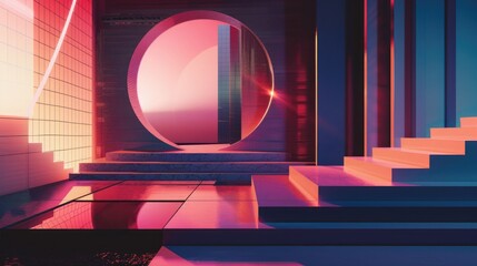 Wall Mural - Retro wave aesthetics meet geometric precision in a composition that plays with light and shadow to create depth and dimension.