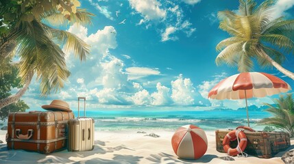 Wall Mural - Positioned at the edge of a tropical paradise, a series of travel cases are carefully placed on the sand, accompanied by a stylish umbrella, a bright beach ball, and a lifebelt