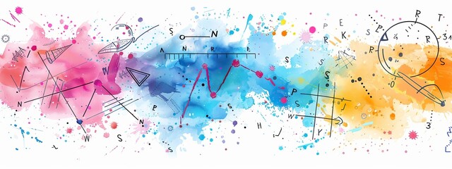 Wall Mural - Colorful drawing of math doodle elements shapes and numbers in hand drawn style with paint splashes and has a creative and cheerful feel.