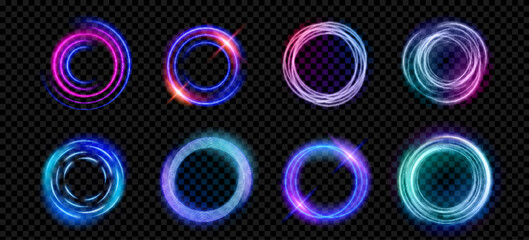 Wall Mural - neon light glow effect on abstract magic halo ring. 3d futuristic circular frame in blue, pink, gree