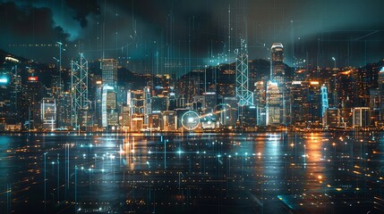 Aufkleber - Smart network and Connection technology concept Hong Kong digital city background at night in victoria harbour Cyberpunk color style Panorama view : Generative AI