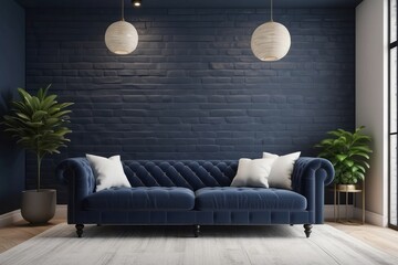 Modern Living Room Design With Dark Blue Chesterfield Sofa And White Brick Accent Wall