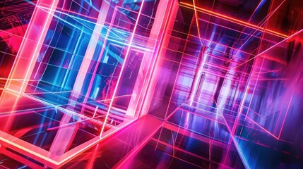 Wall Mural - Layers of neon lines and geometric forms intersect in a symphony of light and color, reminiscent of a digital labyrinth.