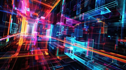 Wall Mural - Layers of neon lines and geometric forms intersect in a symphony of light and color, reminiscent of a digital labyrinth.