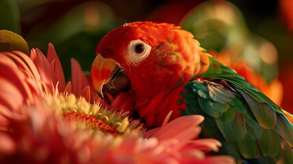 Wall Mural - Parrot on the flower Beautiful extreme closeup : Generative AI