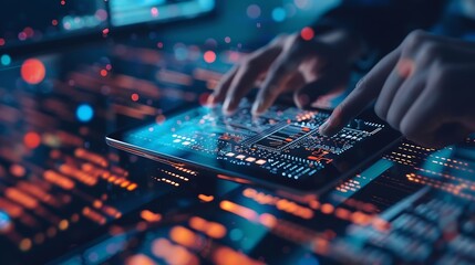 Digital technology software development concept Coding programmer software engineer using digital tablet with circuit board and javascript on virtual screen internet of things IoT : Generative AI