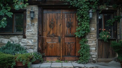 Sticker - Entrance door made of old wooden logs, very detailed. Generative AI