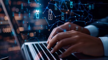 Leinwandbilder - Cyber security network Data protection concept Businessman using laptop computer with digital padlock on internet technology networking with cloud computing and data management cyberse : Generative AI
