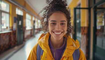 Wall Mural - A girl with curly hair is smiling and wearing a yellow jacket