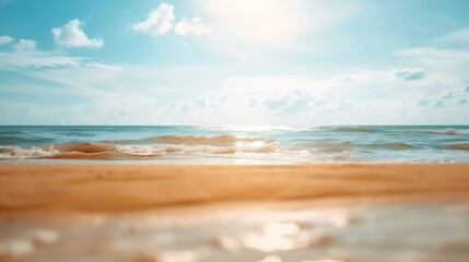 Abstract blur defocused background nature of tropical summer beach with rays of sun light Golden sand beach sea water against blue sky with white clouds Copy space summer vacation conc : Generative AI