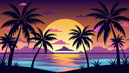 Wall Mural - dark-palm-trees-silhouettes-on-colorful-tropical