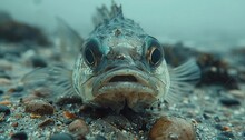 A Closeup Of A Fish With Big Eyes Looking At The Camera. The Fish Is On The Bottom Of The Ocean Surrounded By Rocks And Sand.