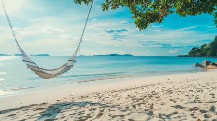 Tropical beach background as summer relax landscape with beach swing or hammock and white sand and calm sea for beach template Amazing beach scene vacation and summer holiday concept L : Generative AI