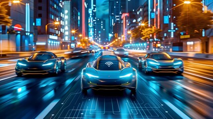 Wall Mural - A futuristic of driverless electric cars navigating city streets, demonstrating the convergence of autonomous driving technology and electric vehicle propulsion