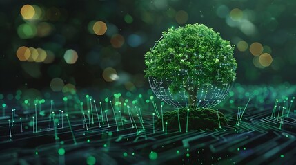 Leinwandbilder - Tree growing on Circuit digital ball Digital and Technology Convergence Blue light and Wireframe network background Green Computing Green Technology Green IT csr and IT ethics Concept : Generative AI