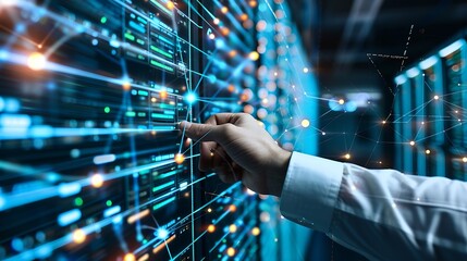 Aufkleber - Big data digital technology concept Software engineer touching on virtual internet network connection with data center network server innovative futuristic technology background data m : Generative AI