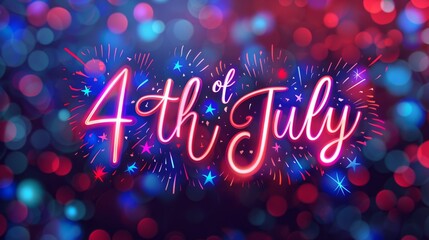 Wall Mural - 4th of July - lettering calligraphy text on defocused bokeh background in red and blue colors. Independence day in United States of America celebration. Holiday banner